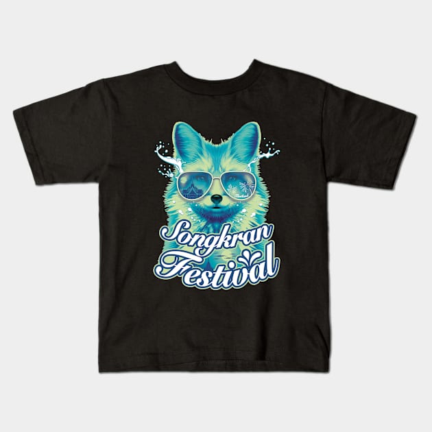 Songkran festival Thailand summer fox tourist wear blue sunglasses water splash Kids T-Shirt by Settha.sk